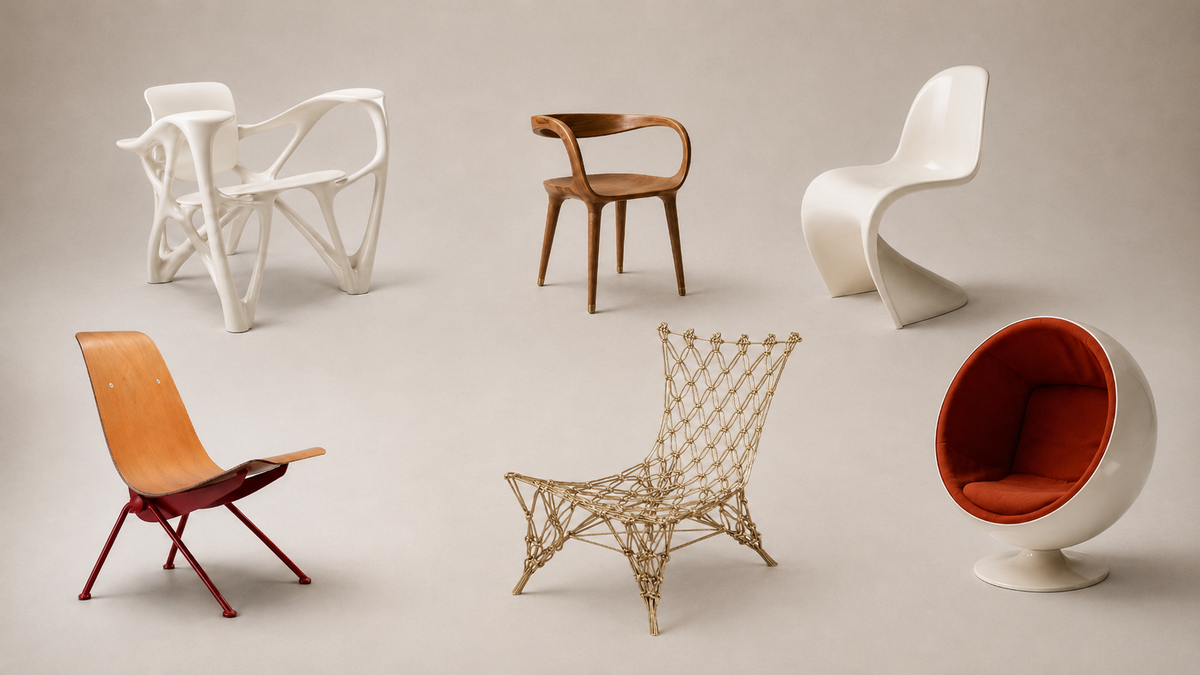 Editorial collage of six sculptural chairs arranged on a neutral studio background.