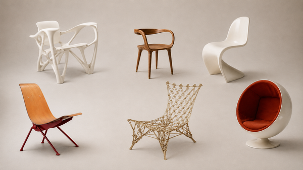 Editorial collage of six sculptural chairs arranged on a neutral studio background.